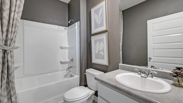 full bathroom with vanity, toilet, and shower / bathtub combination with curtain