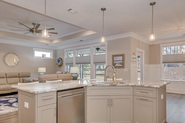 248 Amelia Dr, Mccormick, SC 29835 - kitchen with a sink, open floor plan, a ceiling fan, a tray ceiling, and stainless steel dishwasher