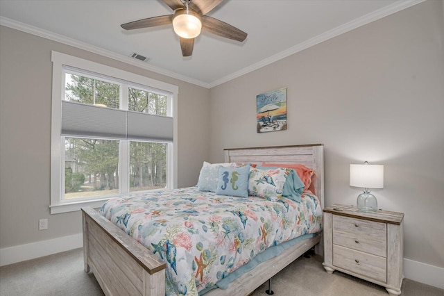 248 Amelia Dr, Mccormick, SC 29835 - carpeted bedroom with visible vents, baseboards, crown molding, and ceiling fan