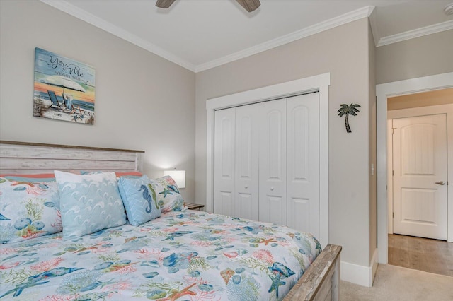248 Amelia Dr, Mccormick, SC 29835 - bedroom with a closet, baseboards, ornamental molding, ceiling fan, and light colored carpet