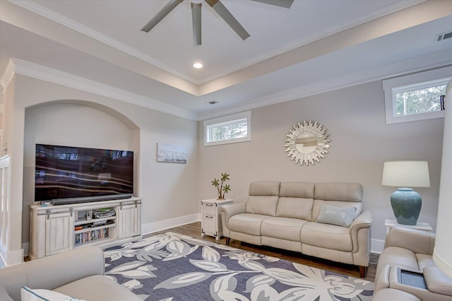 248 Amelia Dr, Mccormick, SC 29835 - living room with crown molding, baseboards, a ceiling fan, and wood finished floors