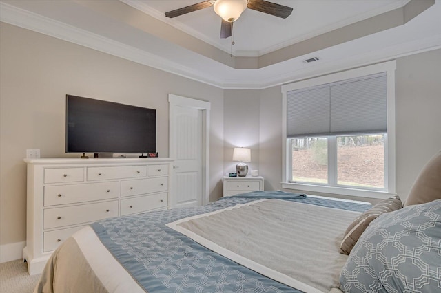 248 Amelia Dr, Mccormick, SC 29835 - bedroom featuring visible vents, a raised ceiling, ornamental molding, ceiling fan, and carpet floors