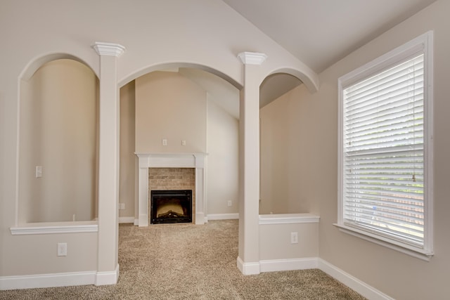 5410 Victoria Fls, Grovetown, GA 30813 - unfurnished living room with carpet flooring, lofted ceiling, and a fireplace