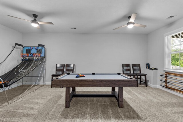 3540 Hilltop Trl, Evans, GA 30809 - playroom featuring a ceiling fan, carpet floors, pool table, and baseboards