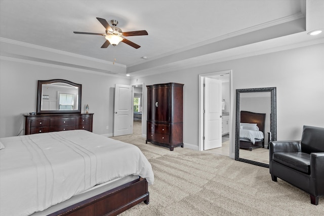 3540 Hilltop Trl, Evans, GA 30809 - bedroom with a tray ceiling, ornamental molding, light carpet, baseboards, and ceiling fan