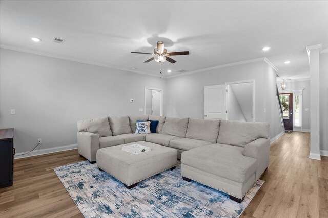 3540 Hilltop Trl, Evans, GA 30809 - living area with light wood-style flooring, recessed lighting, baseboards, a ceiling fan, and ornamental molding