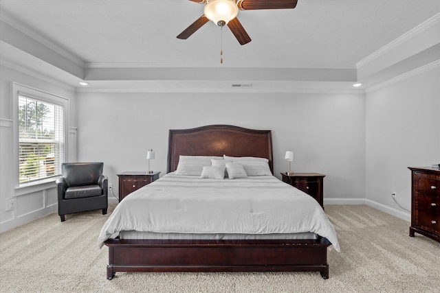 3540 Hilltop Trl, Evans, GA 30809 - bedroom featuring a raised ceiling, light colored carpet, crown molding, recessed lighting, and ceiling fan