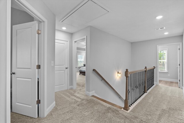 3540 Hilltop Trl, Evans, GA 30809 - corridor with attic access, an upstairs landing, carpet, baseboards, and recessed lighting