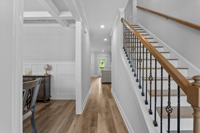 3540 Hilltop Trl, Evans, GA 30809 - staircase with wood finished floors, ornamental molding, recessed lighting, beam ceiling, and wainscoting