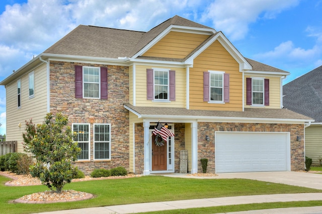 view of front of home featuring stone siding, driveway, a garage, a front lawn, and a shingled roof