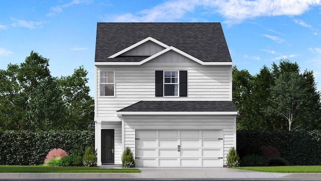 traditional-style home featuring a garage, concrete driveway, a shingled roof, and board and batten siding