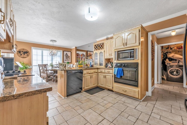 3974 Bolton St, Augusta, GA 30909 - kitchen featuring black appliances, washer / dryer, a peninsula, a textured ceiling, and light brown cabinets