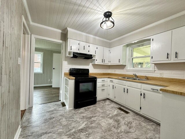 kitchen with white cabinetry, sink, ornamental molding, and black range with electric cooktop