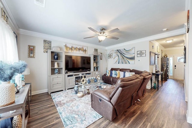 living room featuring ceiling fan, dark hardwood / wood-style floors, and ornamental molding