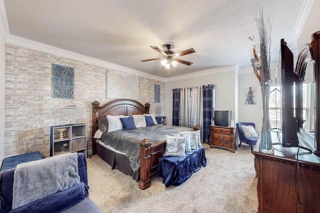 bedroom with ceiling fan, ornamental molding, and light colored carpet