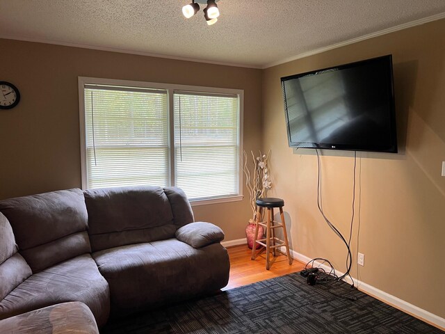 living room featuring wood-type flooring, a textured ceiling, and ornamental molding