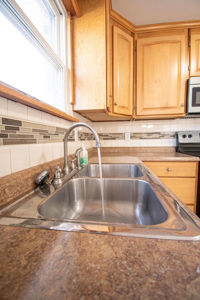 interior details with sink, backsplash, and stainless steel appliances