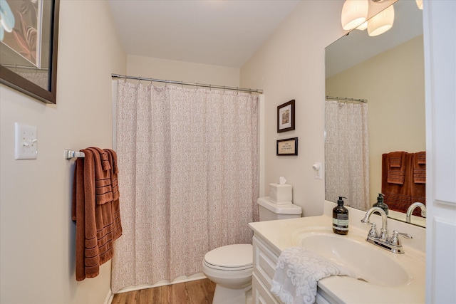 267 Fairway Dr, Mccormick, SC 29835 - full bath featuring toilet, wood finished floors, vanity, and curtained shower