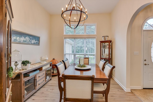 267 Fairway Dr, Mccormick, SC 29835 - dining space featuring arched walkways, a chandelier, light wood finished floors, and baseboards