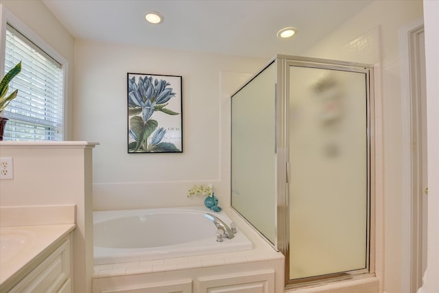 267 Fairway Dr, Mccormick, SC 29835 - bathroom with a shower stall, a garden tub, vanity, and recessed lighting