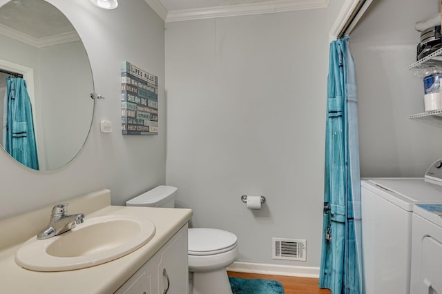 1414 Brookgreen Dr, North Augusta, SC 29841 - full bathroom with separate washer and dryer, vanity, ornamental molding, and wood finished floors