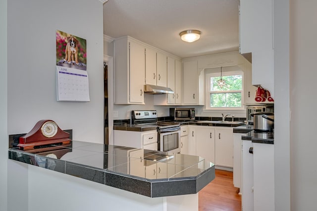1414 Brookgreen Dr, North Augusta, SC 29841 - kitchen featuring appliances with stainless steel finishes, a peninsula, white cabinets, under cabinet range hood, and light wood-style floors