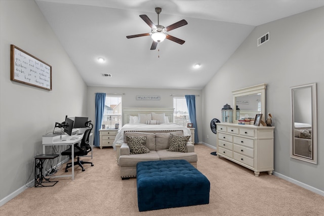 bedroom featuring light carpet, vaulted ceiling, visible vents, and baseboards