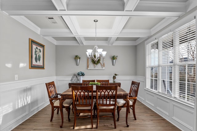 dining room with visible vents, wainscoting, beamed ceiling, wood finished floors, and a chandelier