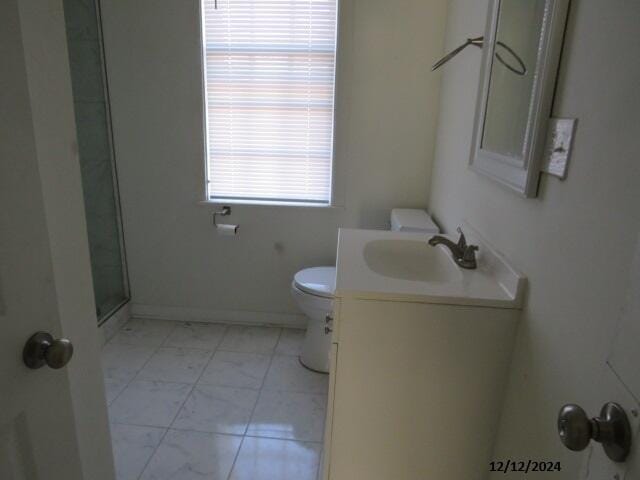 bathroom featuring walk in shower, vanity, and toilet