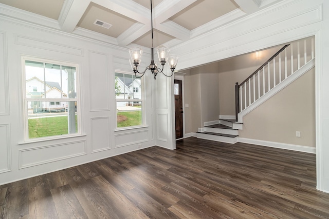 2421 Laurens St, Grovetown, GA 30813 - unfurnished dining area with coffered ceiling, ornamental molding, a chandelier, dark wood-style flooring, and stairway