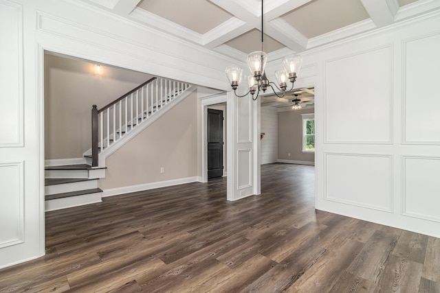 2421 Laurens St, Grovetown, GA 30813 - unfurnished dining area featuring ornamental molding, coffered ceiling, stairs, a chandelier, and dark wood-type flooring