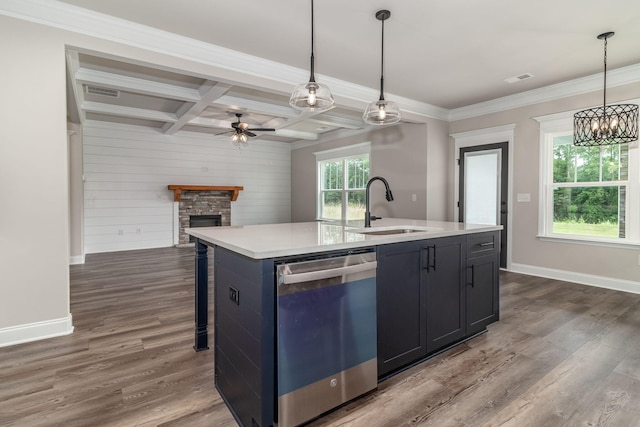 2421 Laurens St, Grovetown, GA 30813 - kitchen featuring stainless steel dishwasher, a sink, coffered ceiling, a fireplace, and a ceiling fan