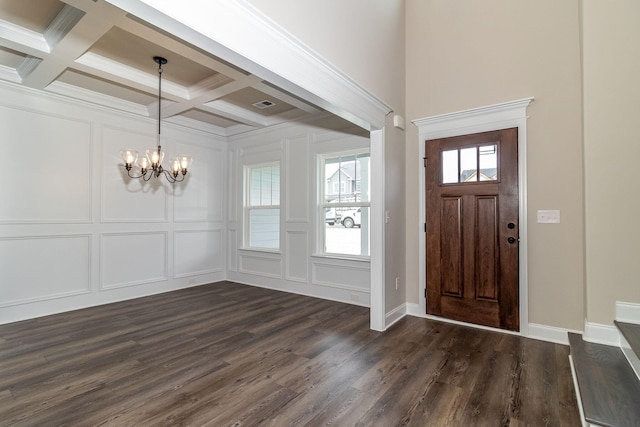 2421 Laurens St, Grovetown, GA 30813 - entryway with a decorative wall, a chandelier, beamed ceiling, dark wood-type flooring, and coffered ceiling