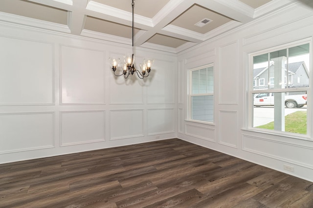 2421 Laurens St, Grovetown, GA 30813 - unfurnished dining area featuring a decorative wall, a chandelier, crown molding, coffered ceiling, and dark wood-style flooring
