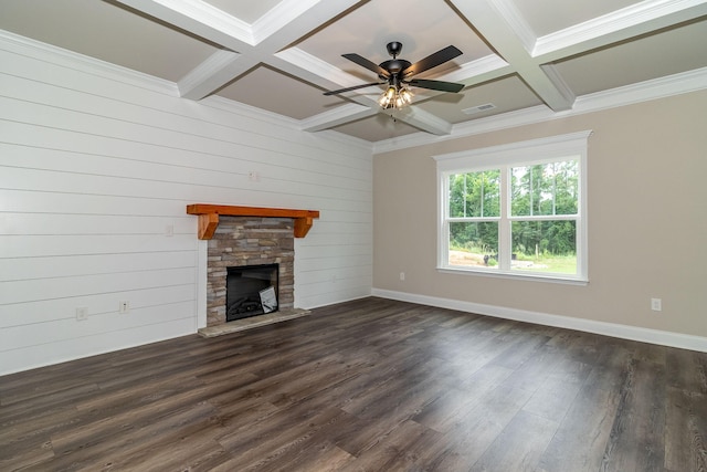 2421 Laurens St, Grovetown, GA 30813 - unfurnished living room featuring coffered ceiling, ornamental molding, a stone fireplace, beam ceiling, and dark wood-style floors