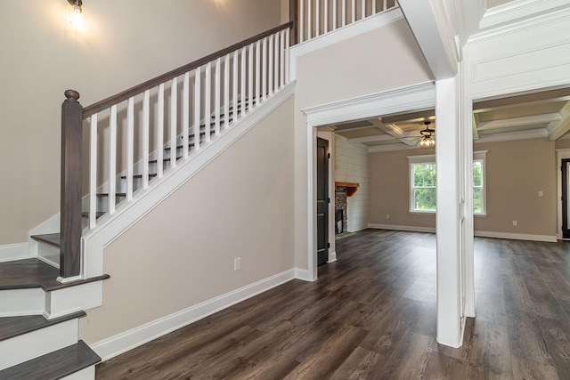 2421 Laurens St, Grovetown, GA 30813 - staircase with coffered ceiling, a ceiling fan, baseboards, wood finished floors, and a fireplace