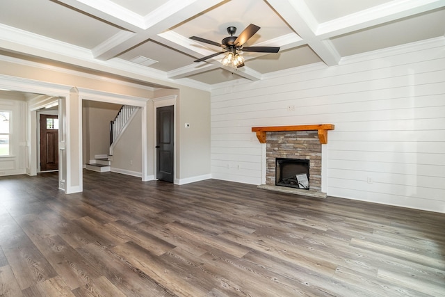 2421 Laurens St, Grovetown, GA 30813 - unfurnished living room featuring stairs, a fireplace, coffered ceiling, ceiling fan, and beam ceiling