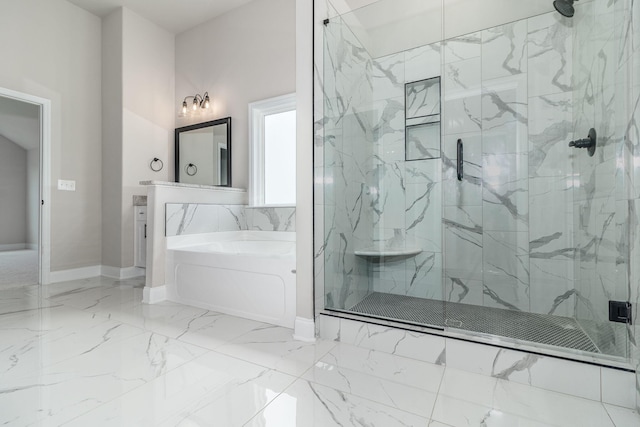 2421 Laurens St, Grovetown, GA 30813 - bathroom featuring a marble finish shower, marble tiled flooring, a bath, baseboards, and vanity