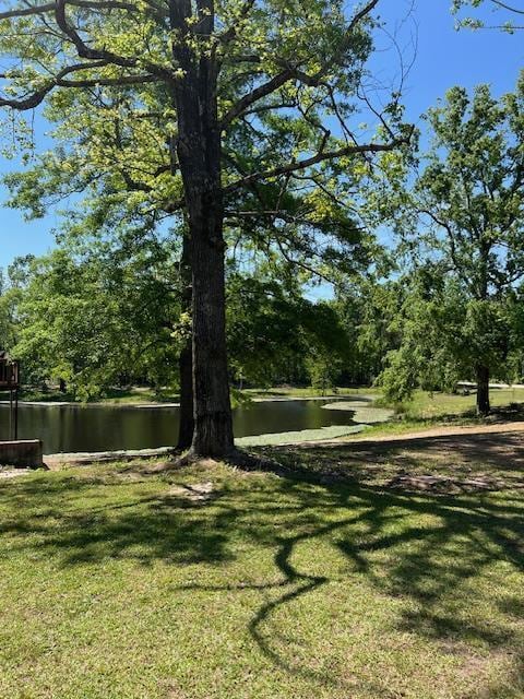 surrounding community with a water view and a yard