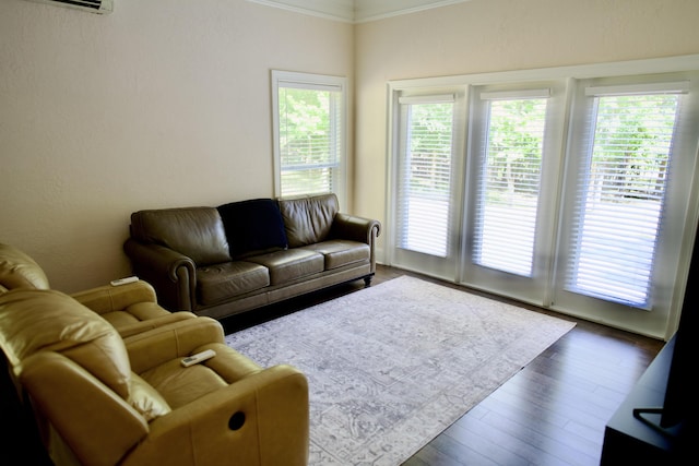 living room with dark hardwood / wood-style flooring, a wall mounted air conditioner, and ornamental molding