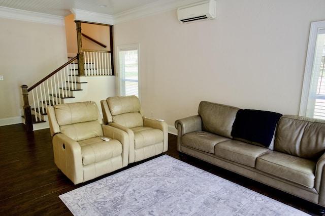 living room featuring dark hardwood / wood-style flooring, an AC wall unit, and crown molding