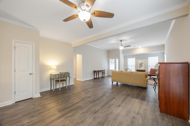 living room with ornamental molding and dark hardwood / wood-style floors