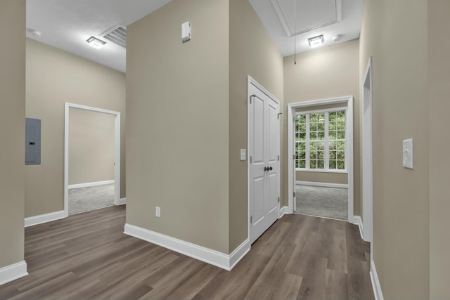 corridor featuring dark hardwood / wood-style flooring and electric panel