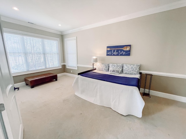 bedroom featuring recessed lighting, carpet flooring, crown molding, and baseboards