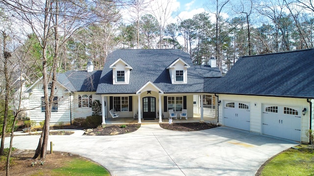 cape cod-style house with a garage, driveway, a chimney, roof with shingles, and covered porch