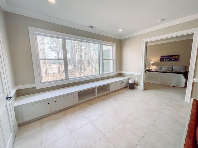 mudroom with light tile patterned floors, visible vents, crown molding, and recessed lighting