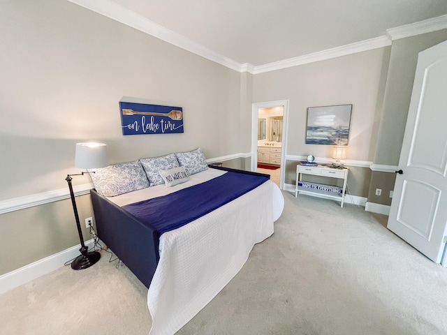 bedroom featuring carpet floors, ornamental molding, and baseboards