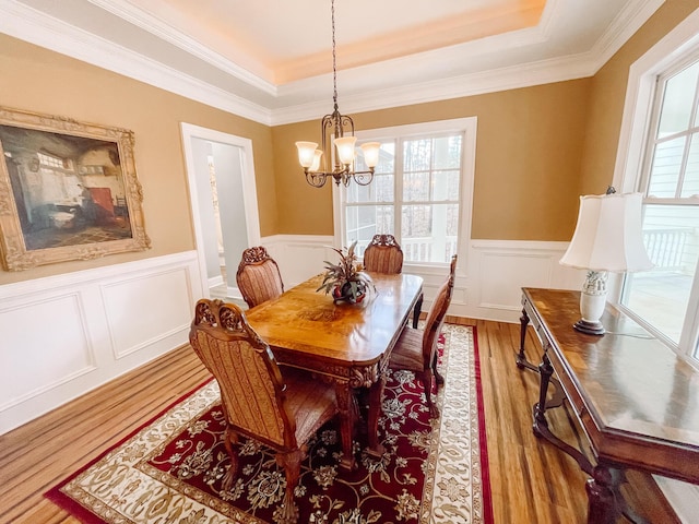 dining room featuring a tray ceiling, wainscoting, a notable chandelier, and wood finished floors