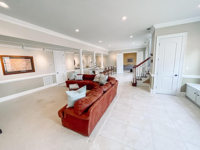 living room with recessed lighting, visible vents, stairway, ornamental molding, and baseboards