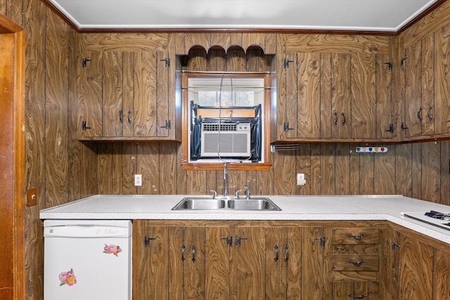 kitchen featuring sink, cooling unit, white appliances, wooden walls, and ornamental molding